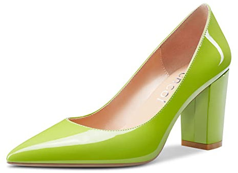 Aachcol Zapatos de tacón clásico para Mujer con Puntera en Punta y tacón Medio, Zapatos de tacón Cuadrado para Oficina, 8 cm Verde Lima Charol 40 EU