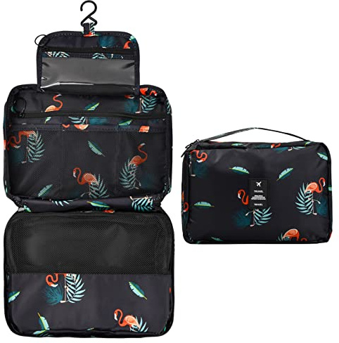 Kulturtasche zum Aufhängen, Reise Kosmetiktasche wasserdichte mit 4 Fächern, Makeup Tasche Groß, Faltbare Waschtasche Schminktasche, Tragbare Kulturbeutel für Damen Herren Kinder (Schwarz Flamingo)