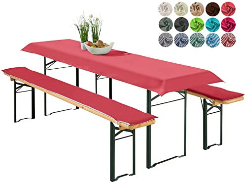 heimtexland ® Bierzeltgarnitur Auflagen Set 3-teilig Tischdecke Bierbankauflage Polster Kissen Biergarnitur Typ698 Rot für Tischmaß 50x220 cm