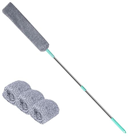 polvo retráctil con hendiduras telescópicas lavables, cepillo limpieza plana con mango largo y 3 paños intercambiables, para limpieza debajo muebles, sofá, nevera, lavadora (127 cm)
