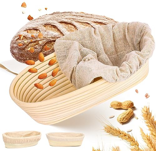 Cesta de Fermentación de Pan, Juego de cestas de prueba de pan ovaladas，Cuenco de Ratán Natural para Pan y Masa，Cestas redondas y ovaladas de prueba para pan de masa madre