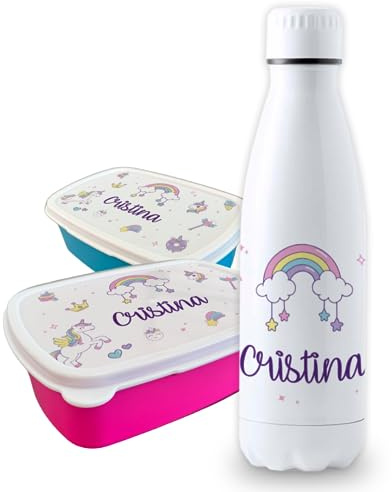 Pack vuelta al cole diseño unicornios botella personalizada + fiambrera personalizada con texto para el colegio o guardería. Libre BPA y reutilizable | Bebidas frías y calientes hasta 12h