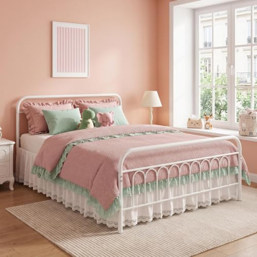 Panana Strong Metal Bed Frame,4FT Heavy Duty Solid Small Double Bedstead Base with Headboard & Footboard,Easy Assembly Bed Frame for Adults, Guest Room (ModelC -White, 4ft small double)