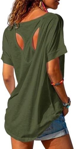 Fisoew Women's Sport T-Shirt Open Back Short Sleeve Fitness Yoga Tee Shirts Workout Gym Athlete Tops Loose Fit(Military Green,M)