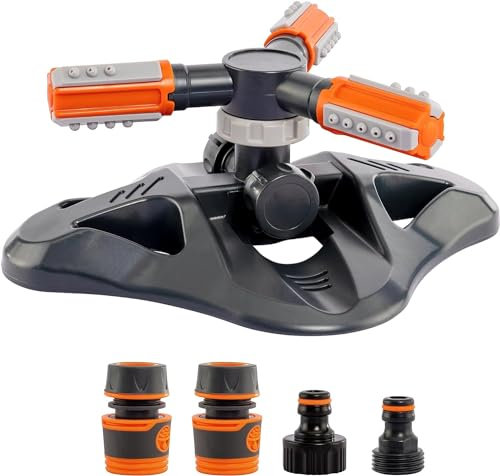 Kippen 6142X - Irrigatore da Giardino a 3 Braccia con Rotazione Automatica a 360° + Raccordi ad Innesto Rapido