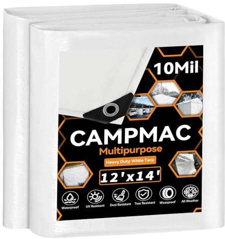 CAMPMAC White Heavy Dut Waterproof Tarp 12' x 14', 10 Mil Thick, High Durability, Rip and Tear Resistant with Metal Grommets Every 20 Inches