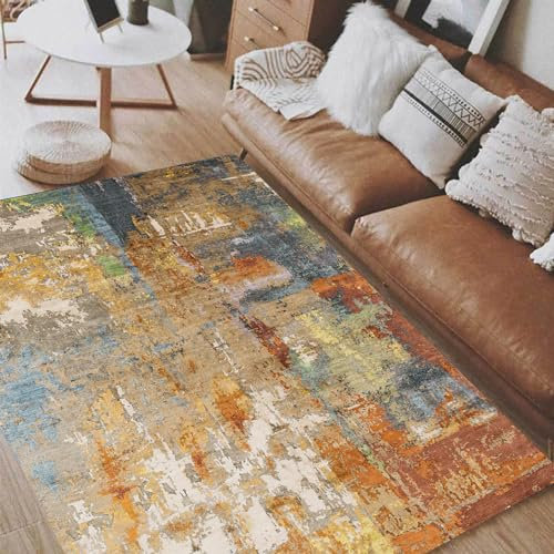 Rug-QJDDUP Teppich Kurzflor Dekoration, Multicoloured,70 x 140 cm,Terrakotta Rot, Orange und Gelb Abstrakt Meliert Modern,Teppich Küche Läufer waschbar Schlafzimmer, Flur, Badezimmer