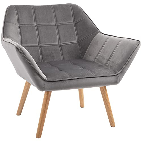 HOMCOM Fauteuil Salon avec Dossier Haut et accoudoir rembourré Chaise Coiffeuse scandinave Pied en Bois revêtement Effet Velours 67 x 61,5 x 71 cm Gris