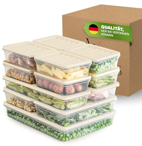 Viwares Stapelbare Gefrierdosen 13er Set, Gefrierfach & Kühlschrank Organizer mit Deckel, Frostfest bis -25°C, Wiederverwendbare Frischhaltedosen, Lebensmittel frisch und geruchsfrei lagern