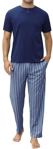 TeJoyce Pigiama Uomo Cotone, Completo Pigiama con Pantaloni A Righe con Tasche E Maglia A Maniche Corte con Bottoni,Pigiama Due Pezzi, Morbido Loungewear per Uomo
