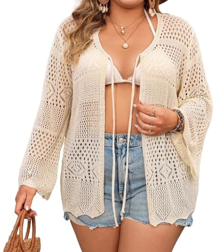 WLLDDDIU Cárdigan de Talla Grande para Mujer, con Lazo en La Parte Delantera, Chaqueta Bolero Ahuecada de Verano, Suéter de Punto de Manga Larga Informal, Tops de Playa de Verano para Vacaciones