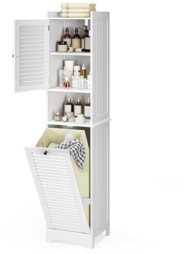 Xbro Mueble Baño con Cesto para Ropa, Armario Columna con Estantería y Puerta con Balda Ajustable, para Baño Pequeño, 40 x 170 x 37 cm, Blanco