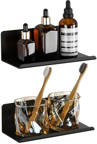 SAYAYO Mensole da Muro Autoadesivo Nero Scaffale Decorativi Mensola Sospesa da Parete Senza Foratura per Cucina Bagno Soggiorno Studio, 20 CM, 2 Pezzi, Rettangolare, Montaggio a Vite o Autoadesivo