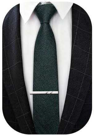 Barry.Wang Mens Cotton Dark Green Herringbone Ties 2.76'' Striped Long Skinny Tie Vintage Casual Wool Blend Necktie Clip Sets