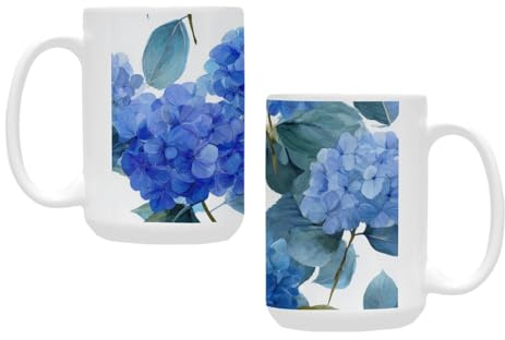 qenuh Hydrangea Flower Blue Elegance Ceramic Mugs Coffee Cup Smooth Glaze Finish 15 oz Classic Tea Cup for Hot Drinks, Office/Home Use