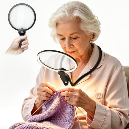 Rechargeable Magnifying Glass with Light for Reading, 5X Large Magnifer Neck Wearable, Hands Free & Handheld Lighted Desk Magnifying Glasses for Seniors Low Vision Crafts Close Work Hobbies