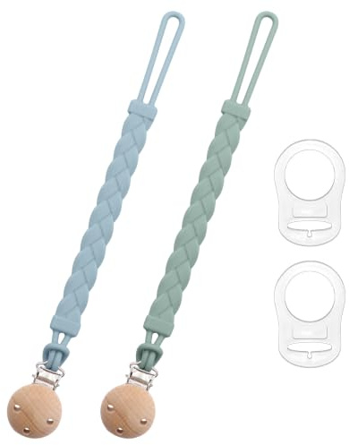 2 Pack Silicone Dummy Clip, Pacifier Clips, Blue & Green | Soft silicone dummy clips with secure fasteners in light blue and green, suitable for most pacifiers and everyday use