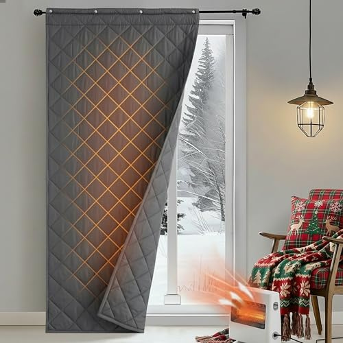 NICETOWN Thermal Insulated Heavy Duty Door Curtain, Grey, 36x82 Inch | Winter Thick Windproof & Waterproof Blackout Door Curtain, 3-in-1 Hanging (Rod/Hooks/Sticky), Privacy, Soundproof, 1 Panel