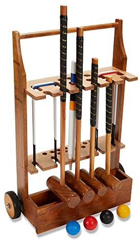 Uber Games Family Croquet Set with Wooden Trolley - Contains 4 different sizes of mallets, 4 moulded plastic croquet balls, 6 steel hoops