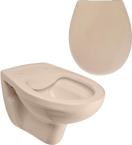 Calmwaters® Spülrandloses Hänge WC, Tiefspül WC aus Keramik, Komplettset mit WC Sitz mit Absenkautomatik in Beige-Bahamabeige, Waagerechter Abgang, WC Sitz aus antibakteriellem Duroplast, 99000190