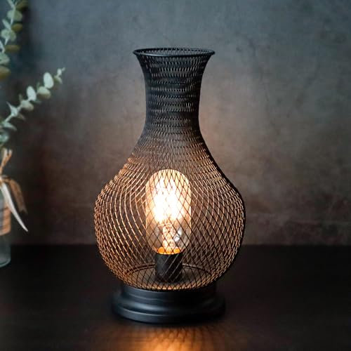 TRIROCKS Metall Batteriebetriebene Lampe 26 cm Hoch Vasenförmige Retikulierte Kabellose Laterne Deko Tischlampe mit LED Glühbirne Lichter für Nachttisch Tischplatte Innen Außen (Schwarz)