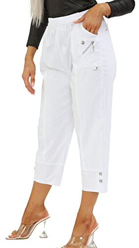AFR Women Capri Trousers Cropped Pants Ladies 3/4 Three Quarter Length Stretch Pull On Elasticated UK Size 10-24 (White, 14)