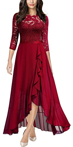 MIUSOL Women's Elegant Scoop Neck Floral Lace Formal Wedding Maxi Dress (Medium, Red)