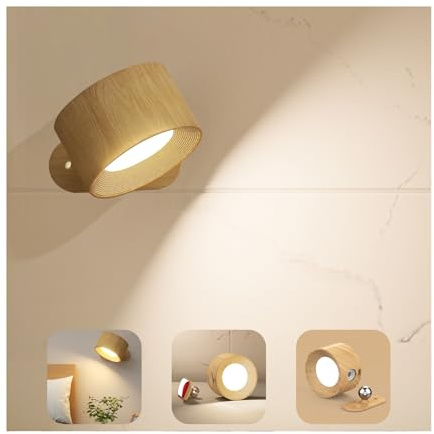 Feallive Lámpara de pared LED, Apliques Pared Interior 1 Pcs puerto de carga USB, 3 niveles de brillo 3 modos de color, apliques de rotación libre de 360° luces de pared (grano de madera)