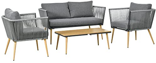 Outsunny Juego de Muebles de Jardín de Ratán 4 Piezas Juego de Conversación Incluye Sofá de 2 Plazas 2 Sillones y Mesa de Centro de Tablero de Madera y Plástico Cojines para Terraza Patio Gris