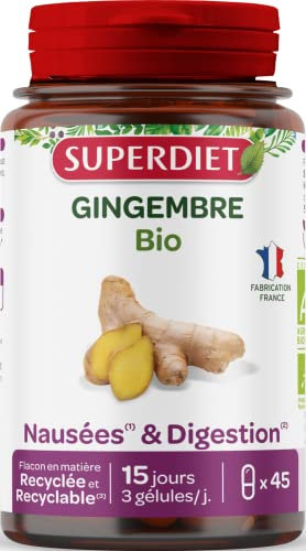 SUPERDIET - GINGEMBRE BIO - Nausées, grossesse, digestion, dynamisant - Phytothérapie - Fabrication française - 45 gélules