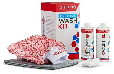 Gtechniq Essential Wash Kit for Cars, Car Washing Kit with Car Shampoo, Wheel Cleaner, Microfibre Car Wash Mitt and Microfibre Towel, Car Accessories for Highly Effective Cleaning