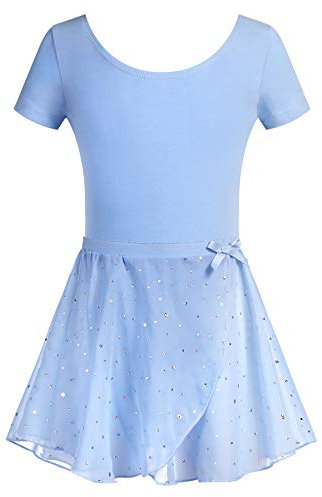 Arshiner Ropa de Ballet Vestido de Ballet para Niños Traje de Ballet para Niñas de Manga Corta Vestido de Baile de Algodón Leotardo con Falda Cruzada de Gasa Azul 3-4 Años
