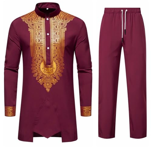 ZDSUHYIW Completo Dashiki Africano da Uomo Set di Due Pezzi Outfit Tribali Tradizionali Camicia a Maniche Lunghe e Pantaloni Musulmano Arabo Medio Oriente Abito con Maniche Lunghe Islamico, Colore