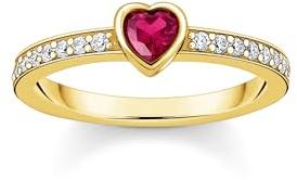 THOMAS SABO Solitärring mit rotem Stein in Herzschliff Silber 925 Sterlingsilber, 750 Gelbgold Vergoldung