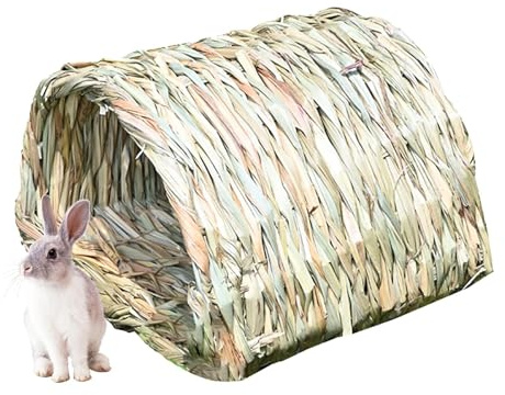 Ghjkldha Hutte pour lapin, tunnel de foin spacieux, jouet à mâcher en roseau, fournitures pour animaux domestiques pour intérieur et extérieur, hérisson, literie d'Inde, abri pour petits animaux