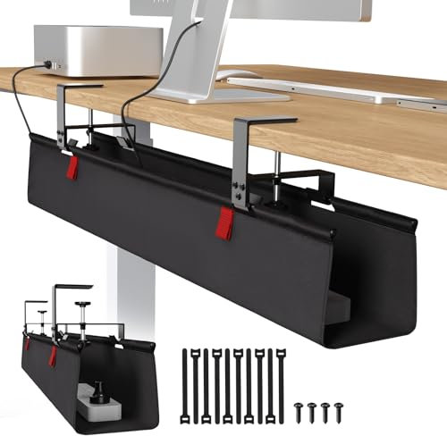 Univivi Under Desk Cable Management Tray, 36 No Drill Desk Cable Tidy Tray for Wire Management, Clamp/Screw Mount Cord Organiser Desk, Sturdy Waterproof Fabric Cable Basket for Office and Home