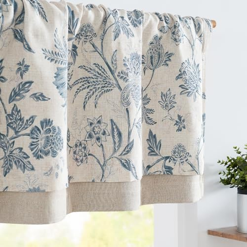 TOPICK Linne skivgardiner ogenomskinliga köksgardiner gul vår tropiska blad gardiner lantlig stil mörkläggningsgardiner kort bistrogardin volang 1-pack blå till beige 40 H x 125 B (cm)