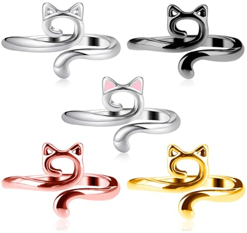 YUXIANLB Metal Open Yarn Guide Crochet Ring - Adjustable Tension Ring for Faster Knitting - Cute Cat Braided Design, 5Pcs