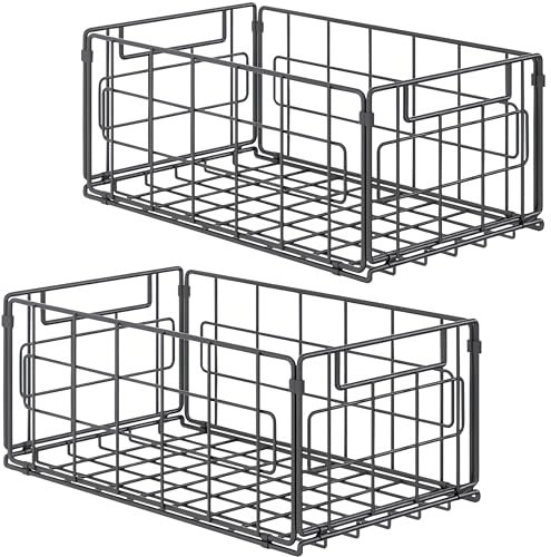 2Pack Wire Storage Bins Baskets,13.8inch Large Foldable Organizer Multipurpose Steel Basket Pantry Storage Bin Rack with Handle for Kitchen Cabinets, Pantry, Freezer, Bathroom,Closets 35x21.5x16 cm