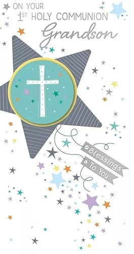First Holy Communion Card for Grandson, Religious Greeting Card with Cross Design, 12 x 22 cm