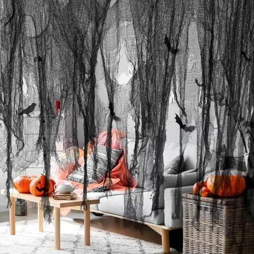 2x5M Halloween Dekoration Gaze -Gruseliger Stoff - Käsetuch Halloween Dekorationen für die Türen Hallen,Duschvorhänge,Veranden,Decks,Fenster,Tore,Deko Prop（schwarz）