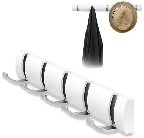 RTSHUK Coat Hooks Wall Mounted, Folding Metal Coat Racks with 5 Retractable Hooks Floating Rack for Space Saving Wall Hook Hangers Entryway Bathroom White