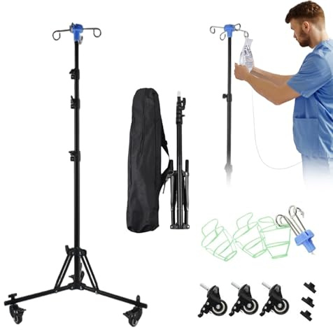 IV Drip Stand with Wheels, Adjustable IV Pole 90–190cm, Catheter Night Bag Stand & Catheter Bag Holder with 4 Rotating Hooks, Foldable IV Stand for Home & Hospital Care