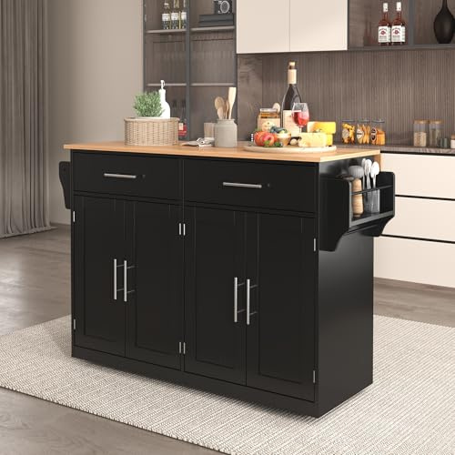 Oxtao Kitchen Island - Isola da cucina, 120 x 71 x 91,5 cm, con piano di lavoro pieghevole, con ruote e gambe in legno intercambiabili, per cucina e sala da pranzo (nero)