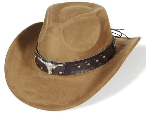 EOZY Chapeau de cowboy en cuir velours Cattleman style Western pour femmes et hommes avec bandeau amovible vintage en cuir velours chapeau de musique country festival léger protection contre la pluie