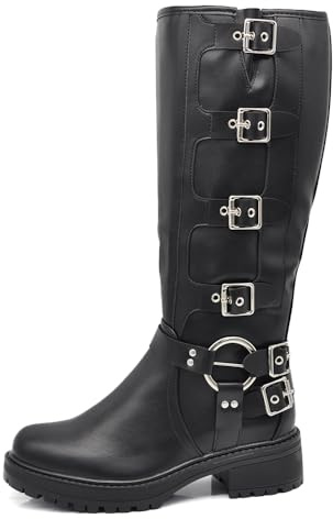 IF Fashion Scarpe Stivali da Donna Al Polpaccio Ginocchio Stile Biker Punk Rock Motociclista con Fibbia Multipla ML287 nero N.38