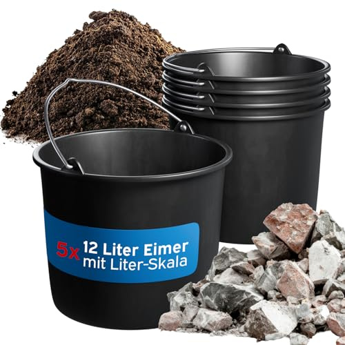 kör4u Juego de 5 cubos de 12 l negros con diadema de metal estable, cubo de mortero redondo robusto de LDPE – para construcción, jardín, hogar y artesanía
