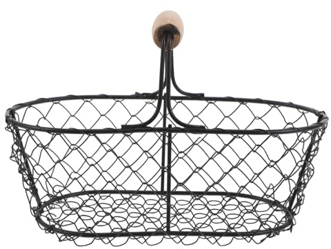 PRETYZOOM Cesta de Huevos de Encimera de Metal con Asa de Madera, Soporte Portátil para Huevos Frescos, Cesta Organizadora Negra para Cocina, Frutas y Almacenamiento de Alimentos