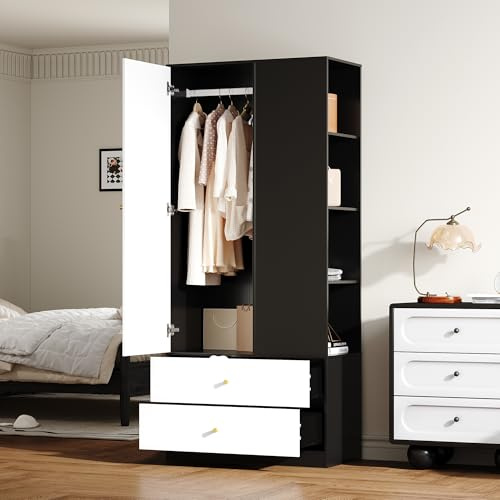 NNJN Armario con espejo y una puerta. Perchero moderno con 2 cajones y 4 estantes, ideal para almacenamiento versátil en el dormitorio. Blanco+Negro, Dimensiones: 80 x 40 x 180 cm