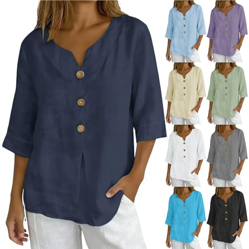 Chemise Femme Lin Manches 7/8 Chic et élégant Chemisier Coton Lin pour Femmes Col en V Bouton Tops Couleur Unie Respirant T-Shirts Chemisiers et Blouses Grande Taille Tunique Blouse